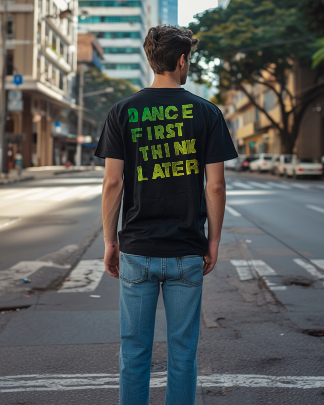 Camiseta unisex preta DANCE FIRST THINK LATER
