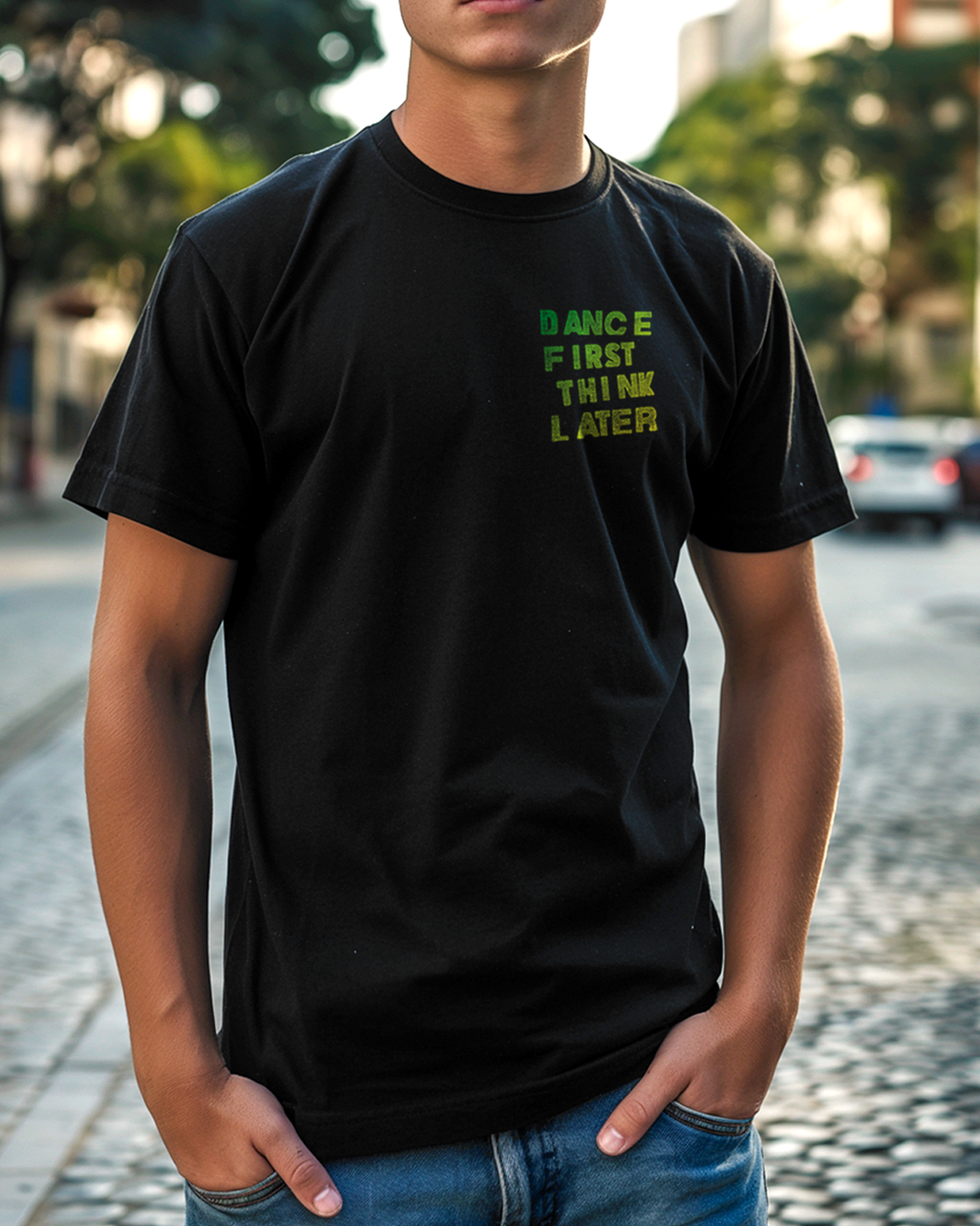 Camiseta unisex preta DANCE FIRST THINK LATER
