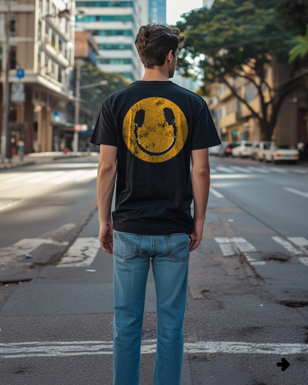 Camiseta unisex preta HEADPHONE - SMILE