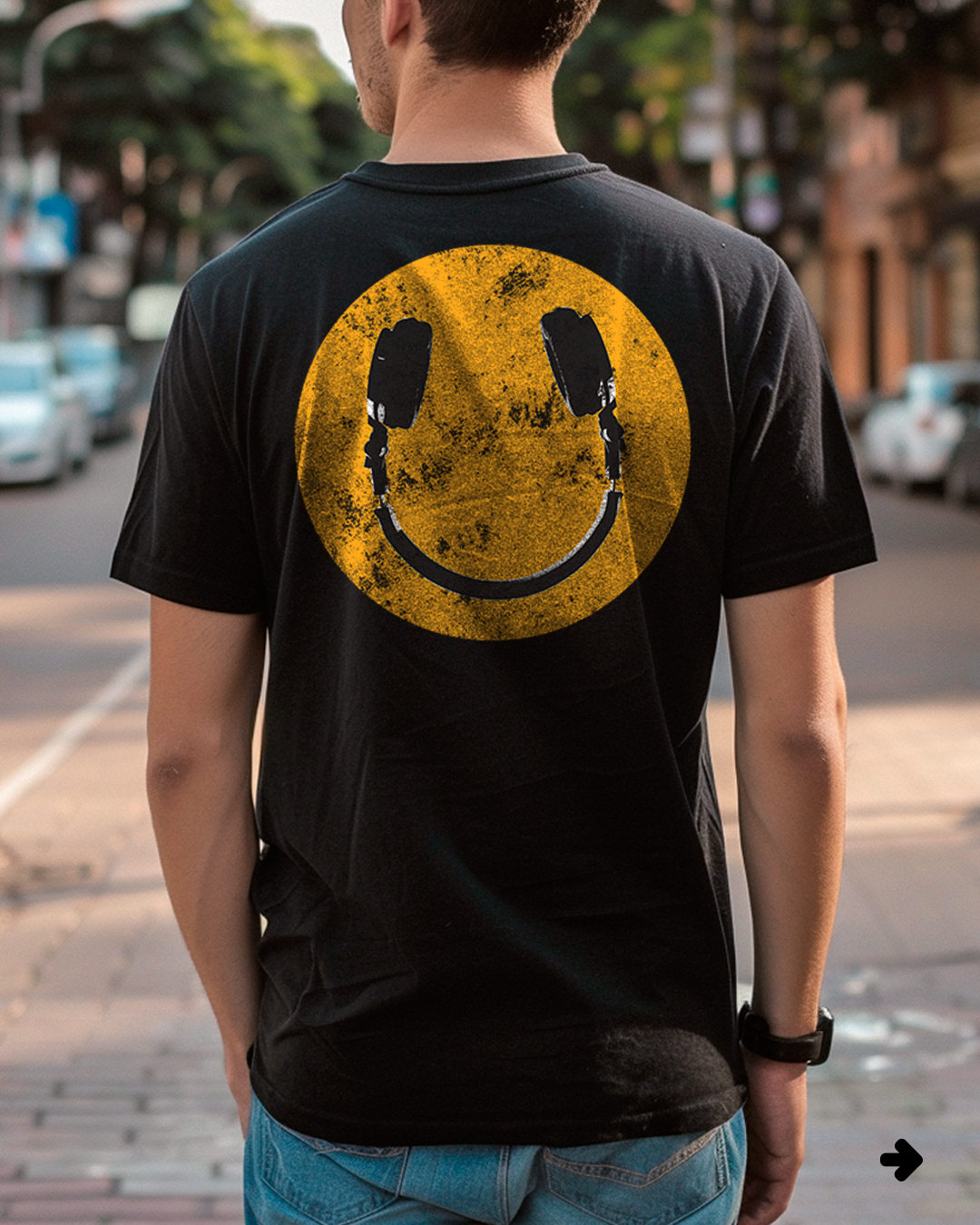 Camiseta unisex preta HEADPHONE - SMILE