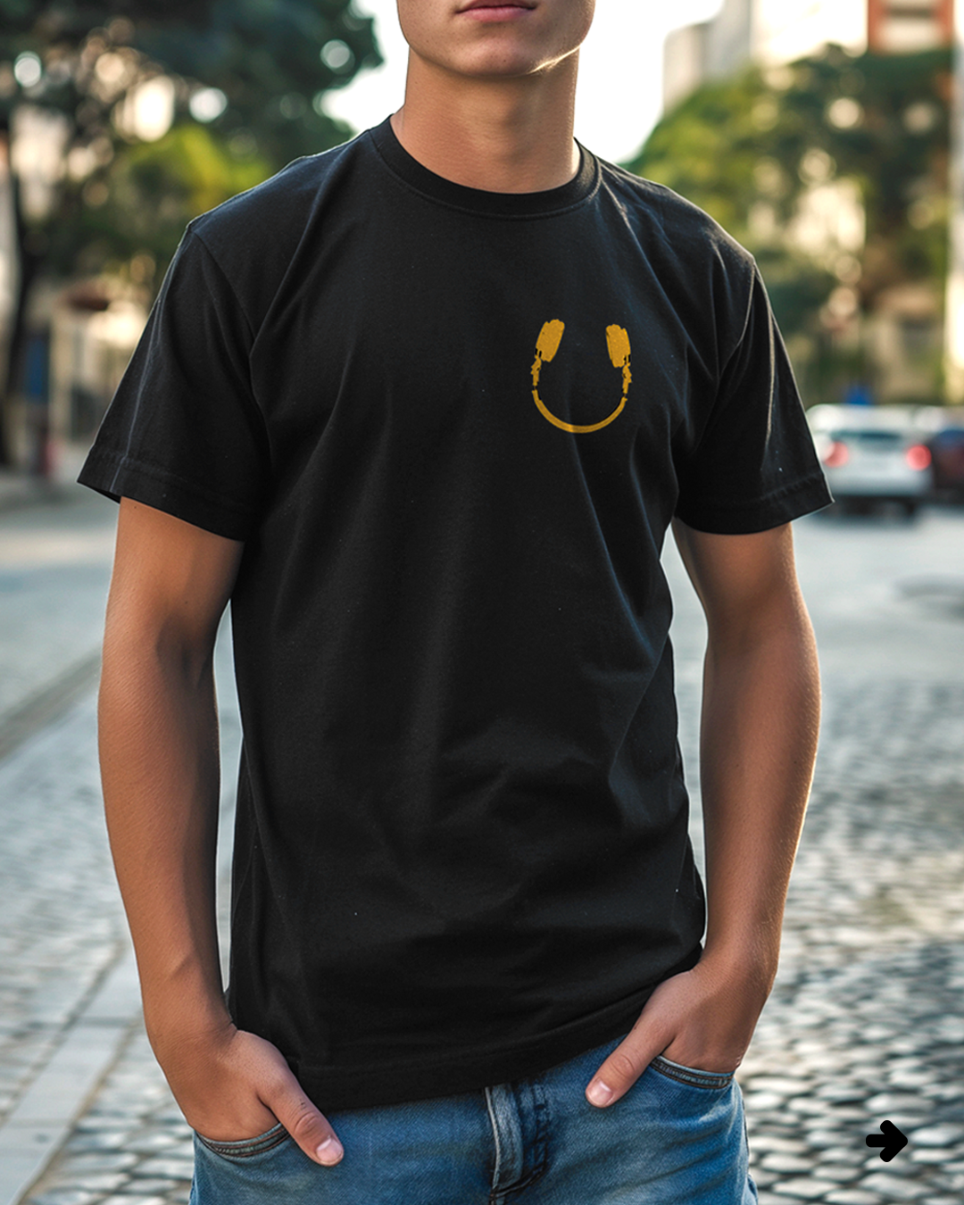 Camiseta unisex preta HEADPHONE - SMILE