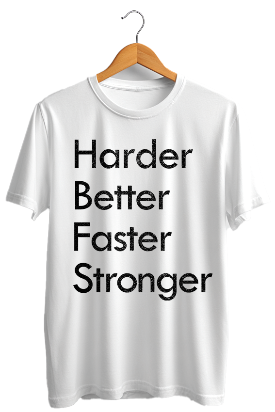 Camiseta unisex branca DAFT PUNK HARDER BETTER FASTER STRONGER