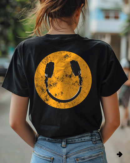 Camiseta unisex preta HEADPHONE - SMILE